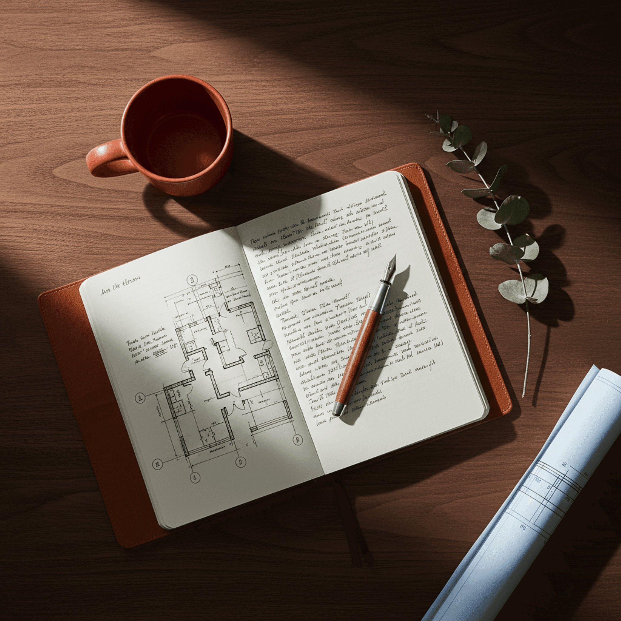 An open leather-bound notebook with architectural sketches, a terracotta ceramic mug, and a pen on a walnut desk lit by warm window light