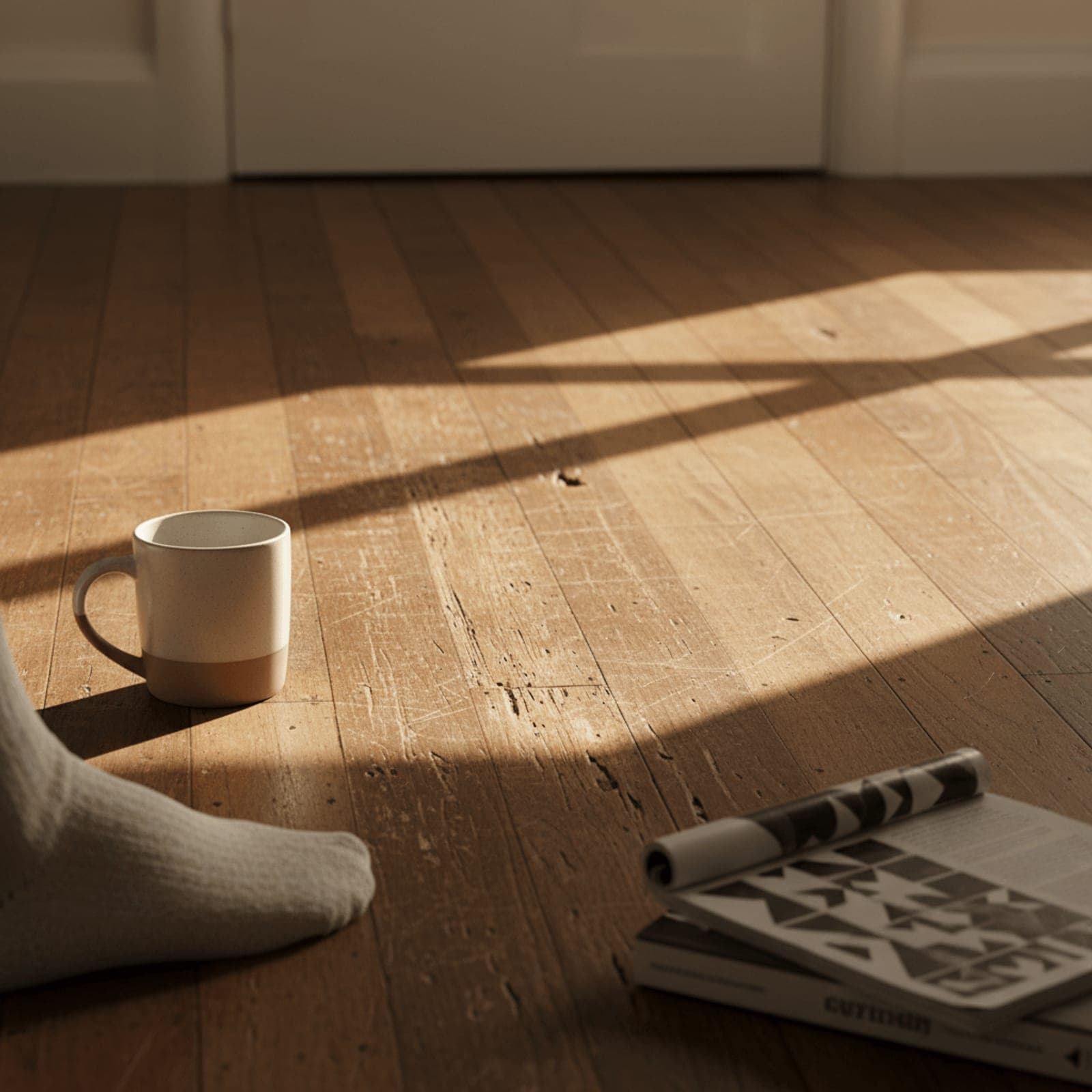 A worn hardwood floor in afternoon light — visible scratches in the traffic pattern from kitchen to living room, one sock-clad foot at the edge of frame