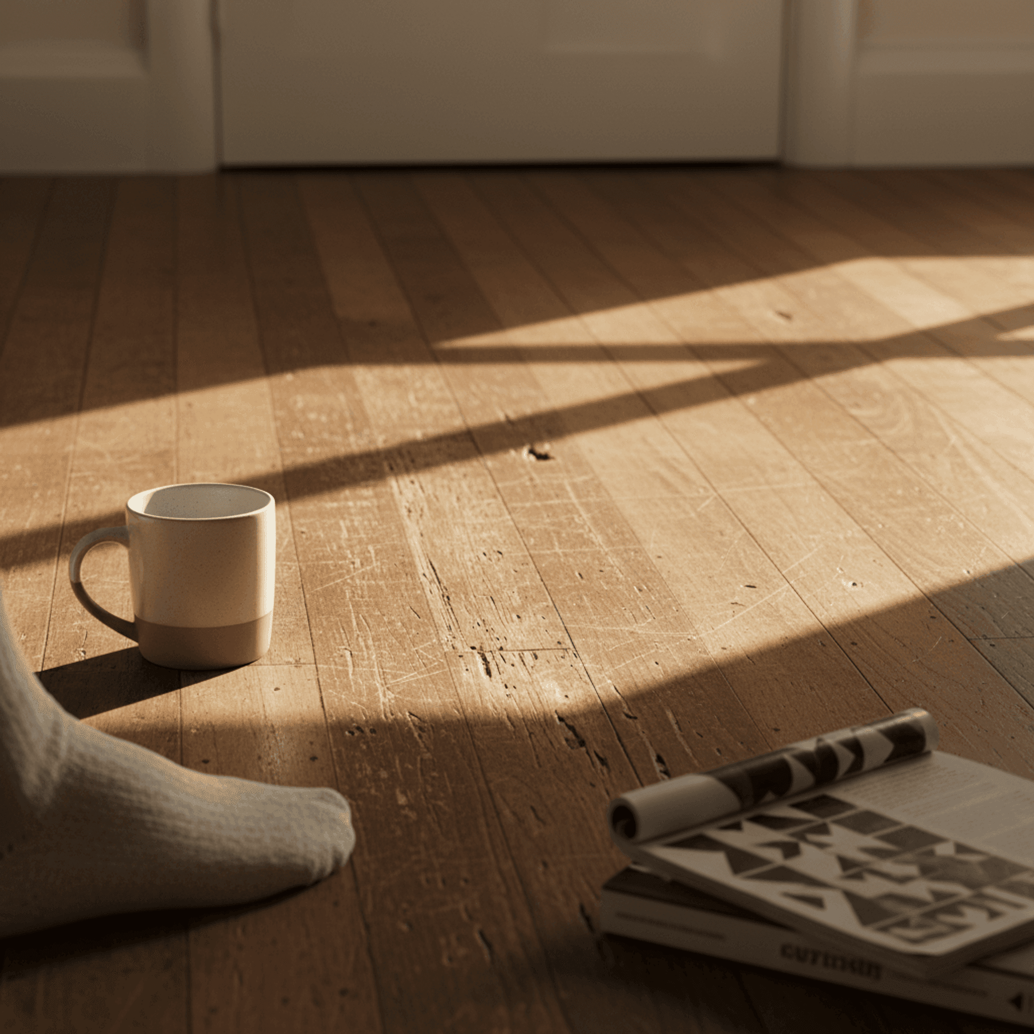 A worn hardwood floor in afternoon light — visible scratches in the traffic pattern from kitchen to living room, one sock-clad foot at the edge of frame