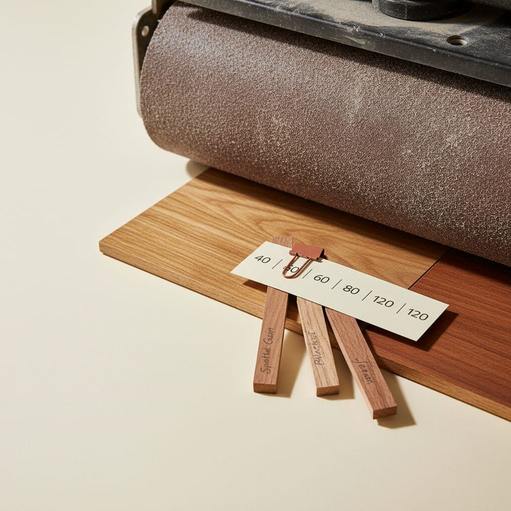 Editorial still life — a drum sander's edge resting on spotted gum floorboards, a grit progression card and a species sample strip laid alongside