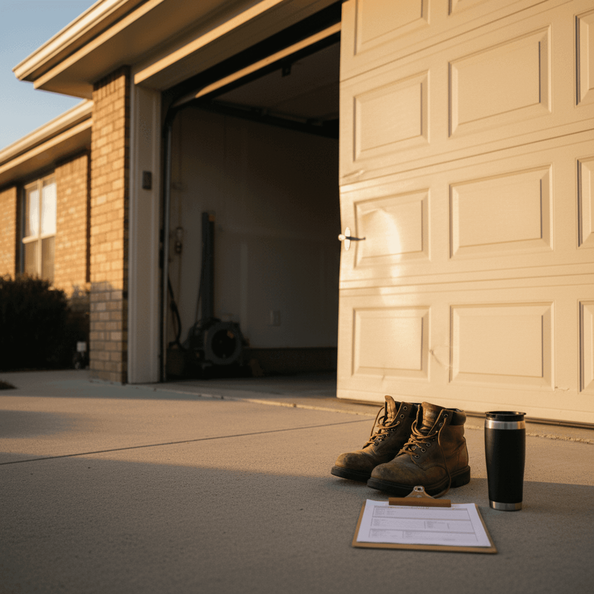 A residential driveway at dawn — an older garage door half-open with visible dents, a pair of work boots and a clipboard on the step, morning shadows raking across