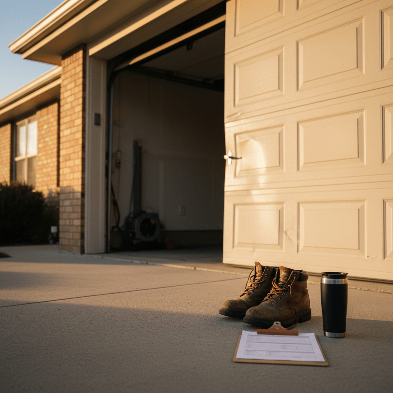 A residential driveway at dawn — an older garage door half-open with visible dents, a pair of work boots and a clipboard on the step, morning shadows raking across