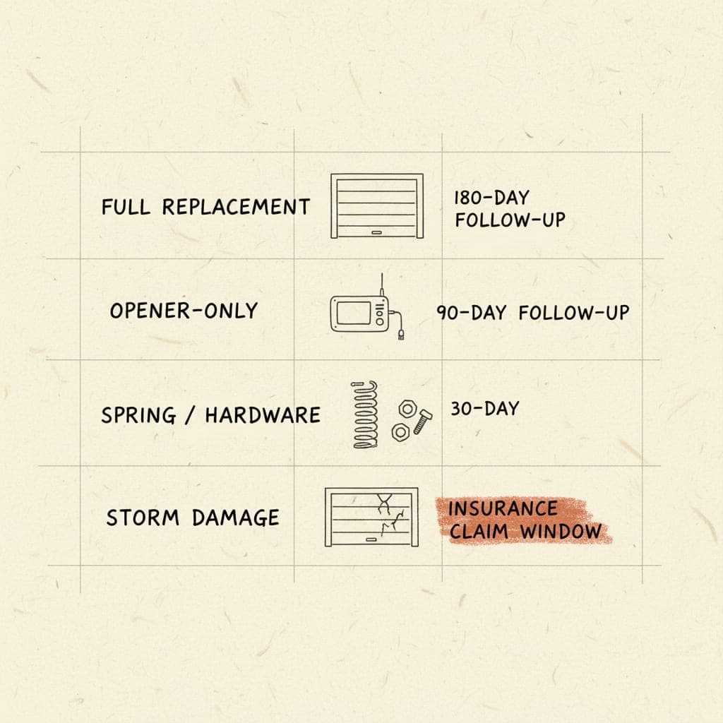 Editorial schematic — a job-type segmentation chart for garage door quotes: full replacements, opener-only, spring work, and storm damage, with reactivation-window annotations