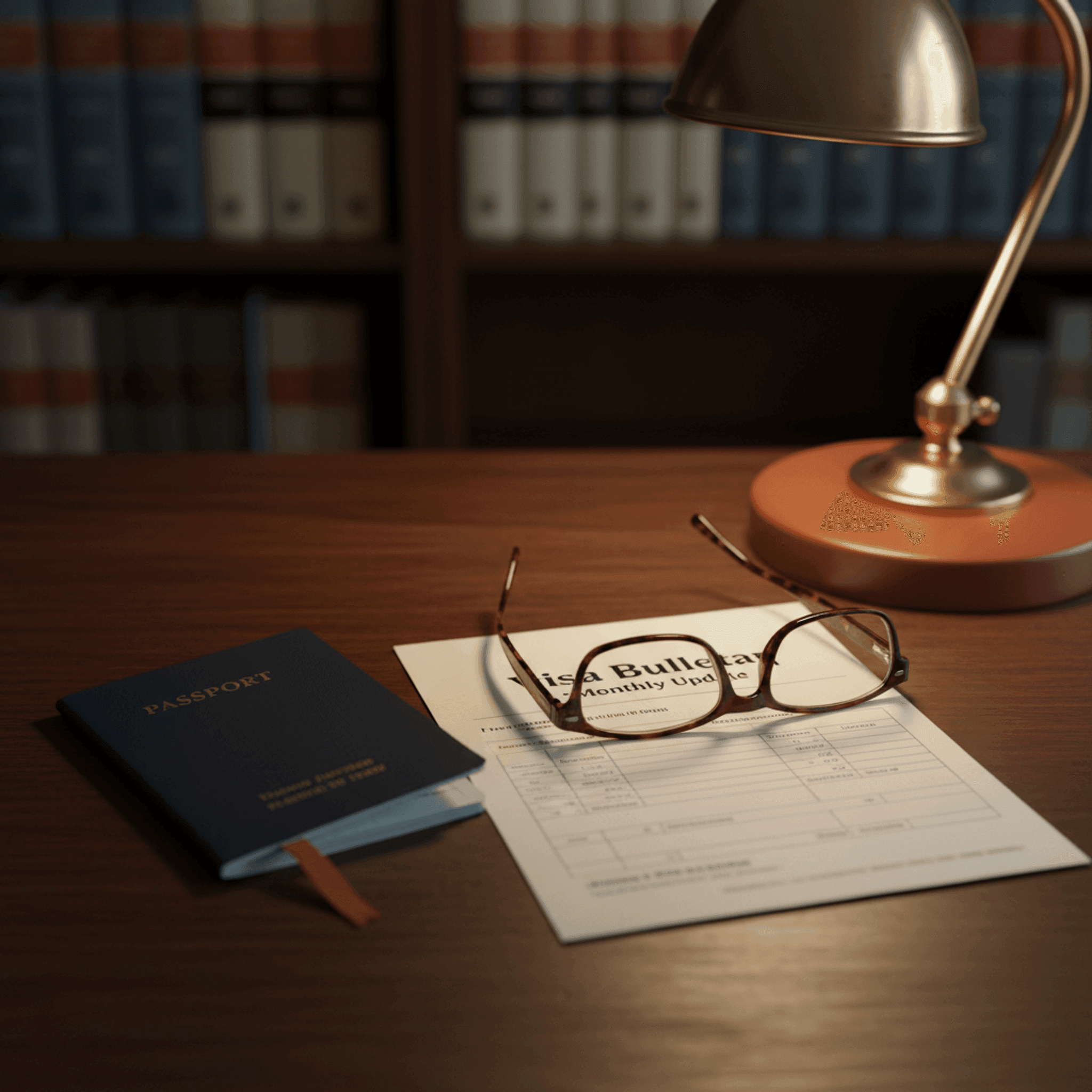 A passport open on a wooden desk beside a printed visa bulletin page, reading glasses folded on top, warm document-lamp light
