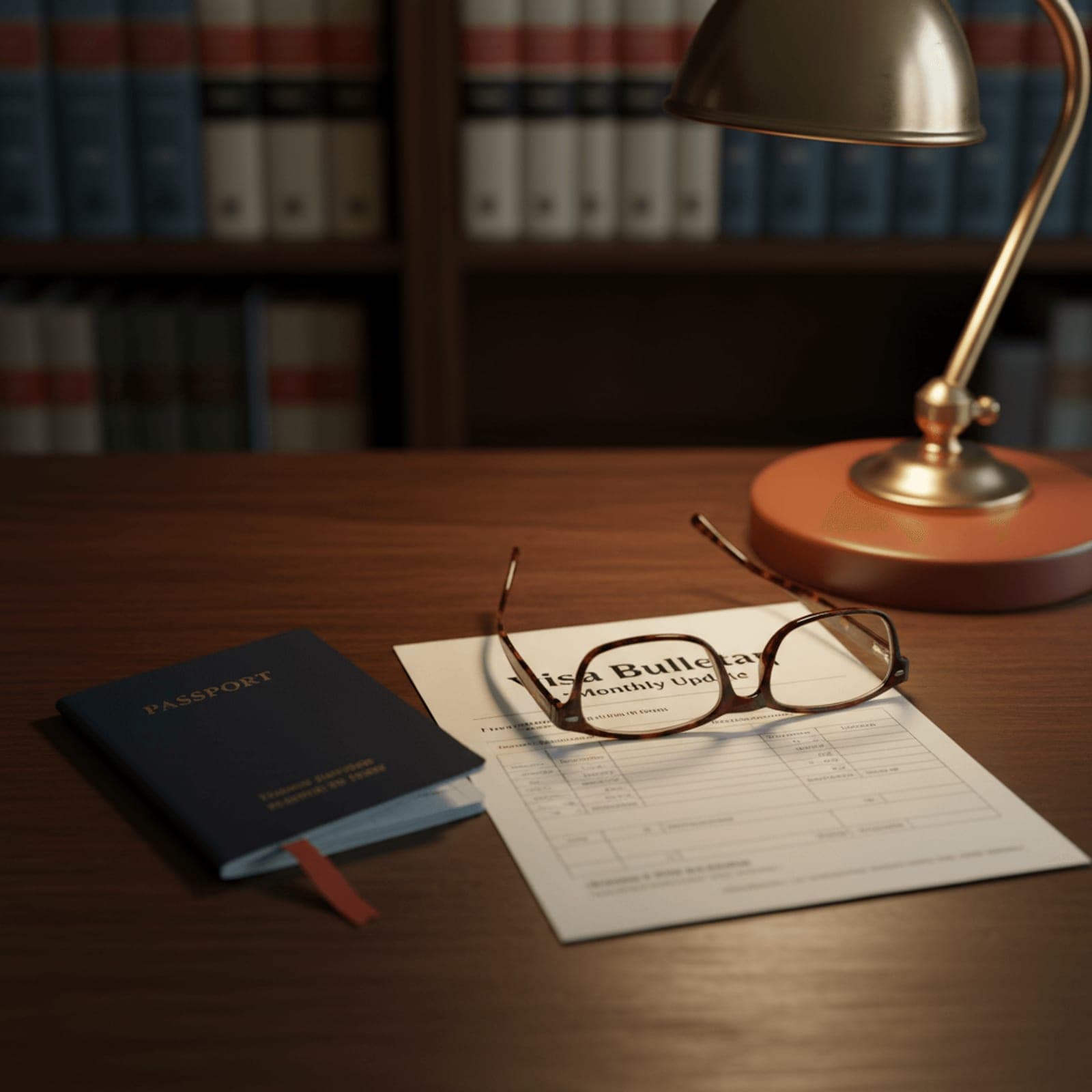 A passport open on a wooden desk beside a printed visa bulletin page, reading glasses folded on top, warm document-lamp light