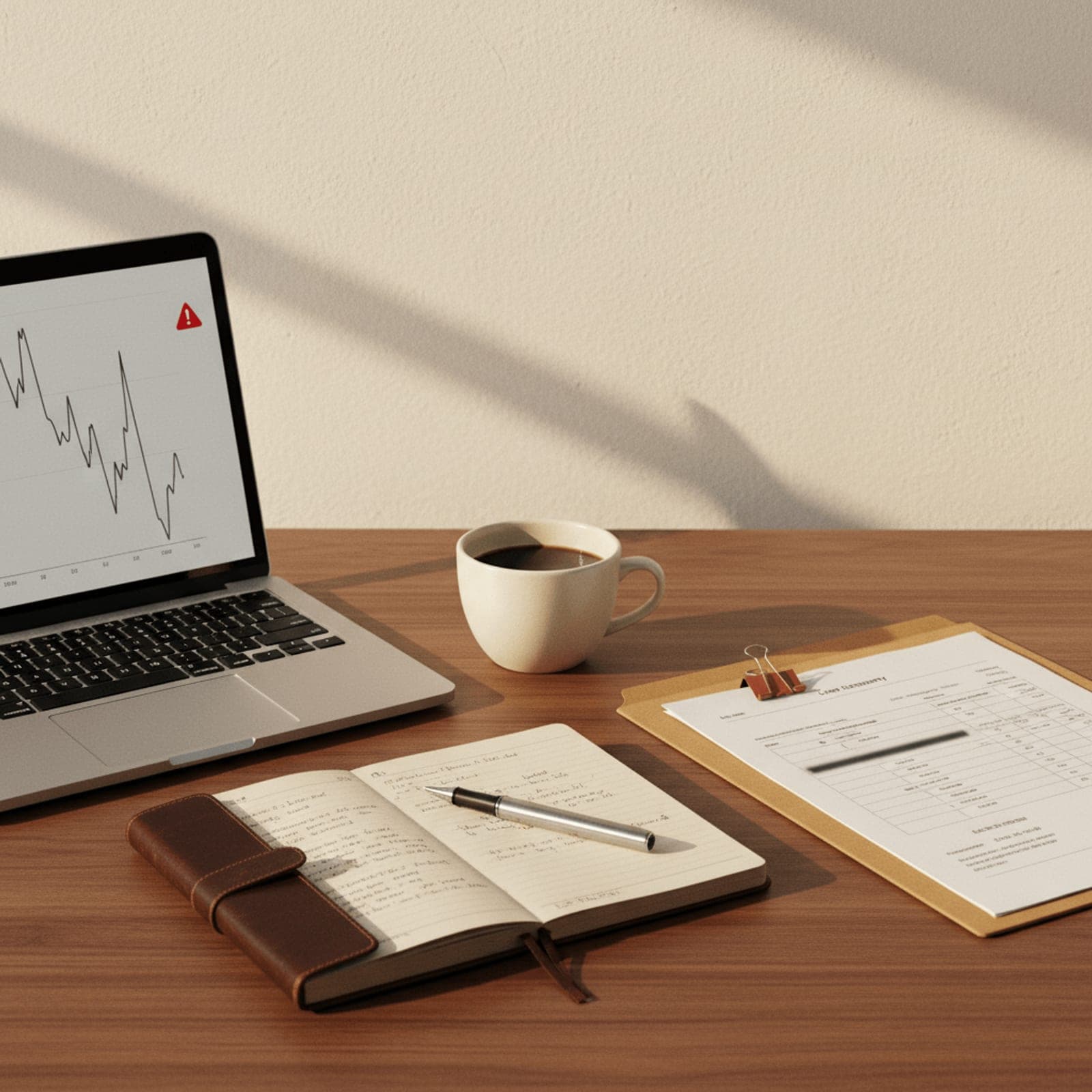 A mortgage broker's desk at the moment of a rate move — folders, a laptop showing a rate-change alert, a coffee half finished