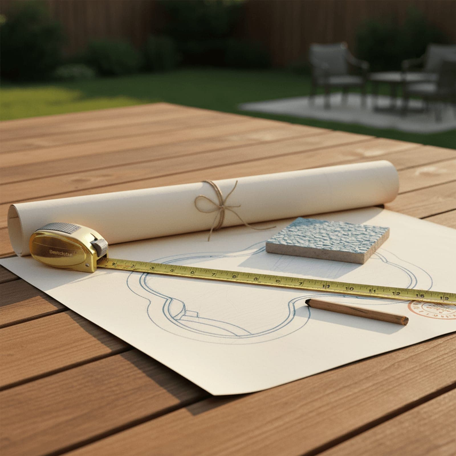 A backyard pre-construction moment — a tape measure laid on a lawn, a rolled blueprint with the corner of a pool rendering showing, late afternoon light