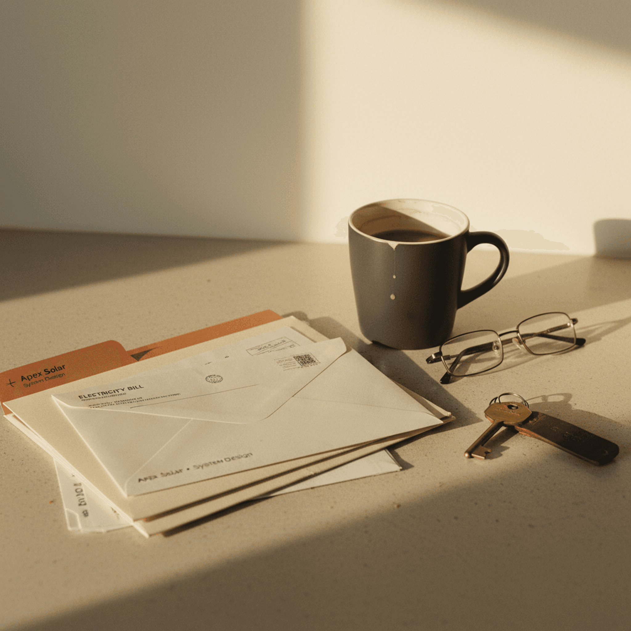 A kitchen counter in late afternoon light — an unopened electricity bill on top of a stack of mail, a solar proposal folder visible beneath, a half-full coffee cup