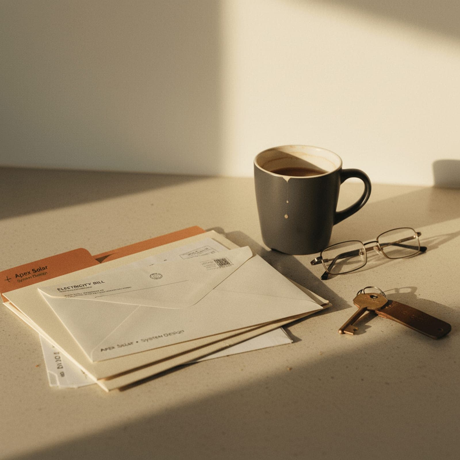 A kitchen counter in late afternoon light — an unopened electricity bill on top of a stack of mail, a solar proposal folder visible beneath, a half-full coffee cup