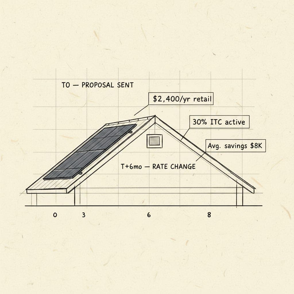 Editorial schematic — a solar proposal page annotated with three timestamps: original quote, rate change, reactivation moment — overlaid on a stylised roofline with panel array