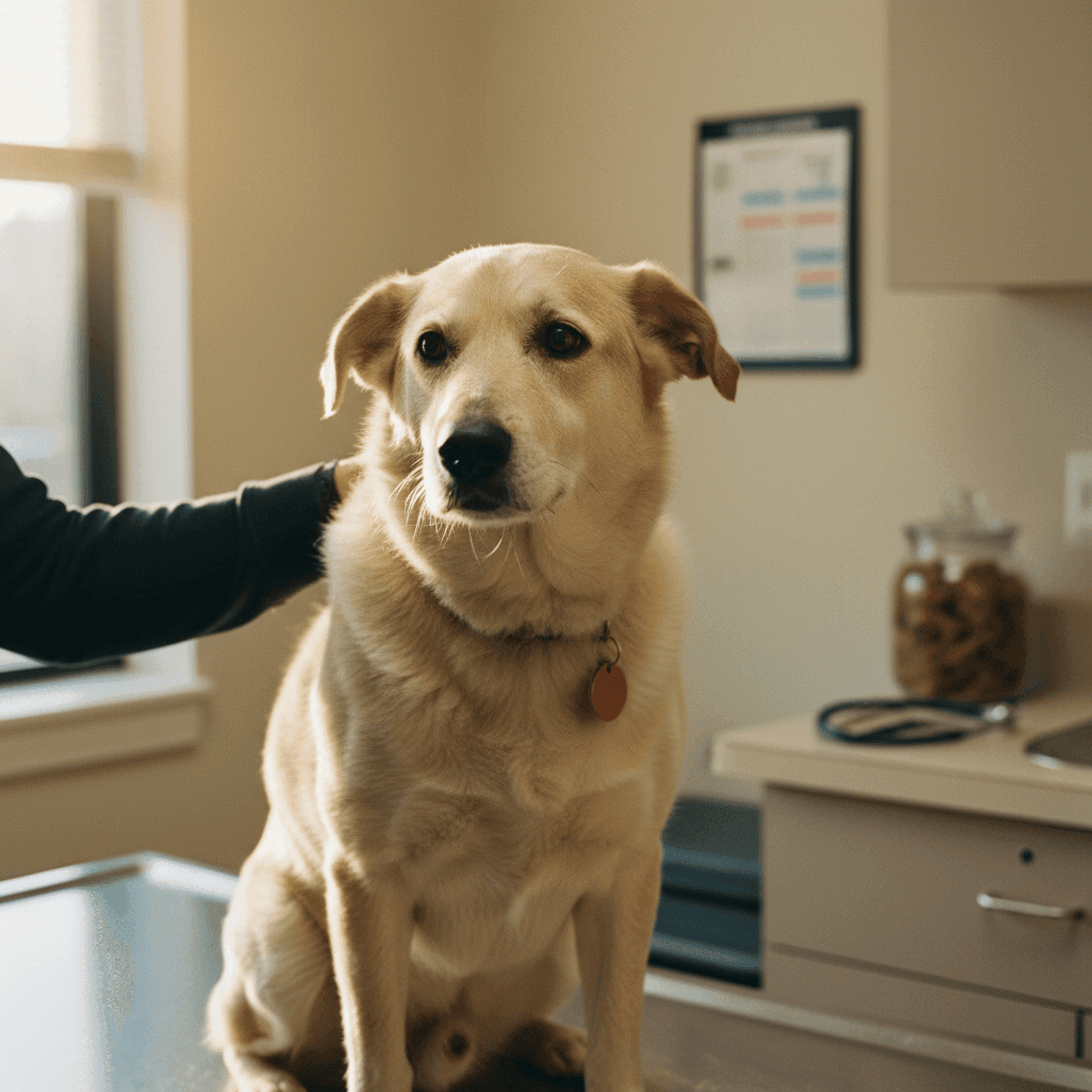 A small dog resting on a vet clinic exam table, a vet tech's hand gently on the dog's shoulder, warm light and chart notes in the background