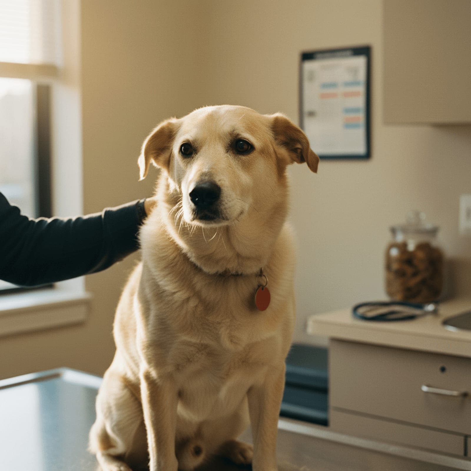 A small dog resting on a vet clinic exam table, a vet tech's hand gently on the dog's shoulder, warm light and chart notes in the background